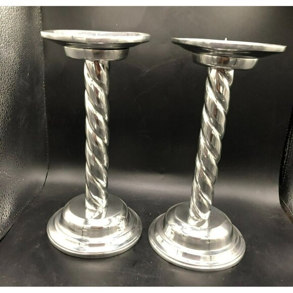2 Aluminum/Pewter(?) Silver Candle Holders Sticks with Twist/Swirl Design 10" - Picture 2 of 8